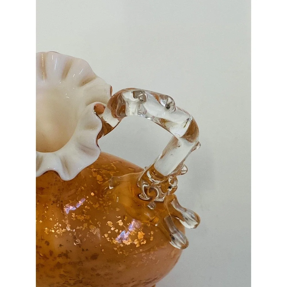 Vintage Orange Gold Aventurine Art Glass Decanter Murano‎ Style Ruffled Cruet